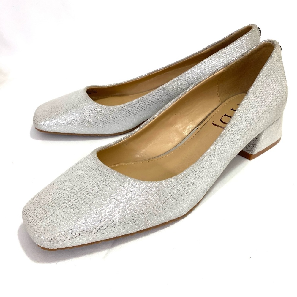 NYDJ Womens Pumps Sz 5.5 Block Heel Silver Leather Square Toe Slip-On Shoes